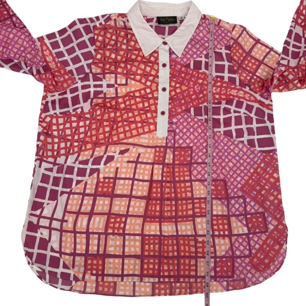 BOB MACKIE 1X Blouse Pink Orange Geometric Wearable Art Tunic Top Patchwork - Picture 5 of 12